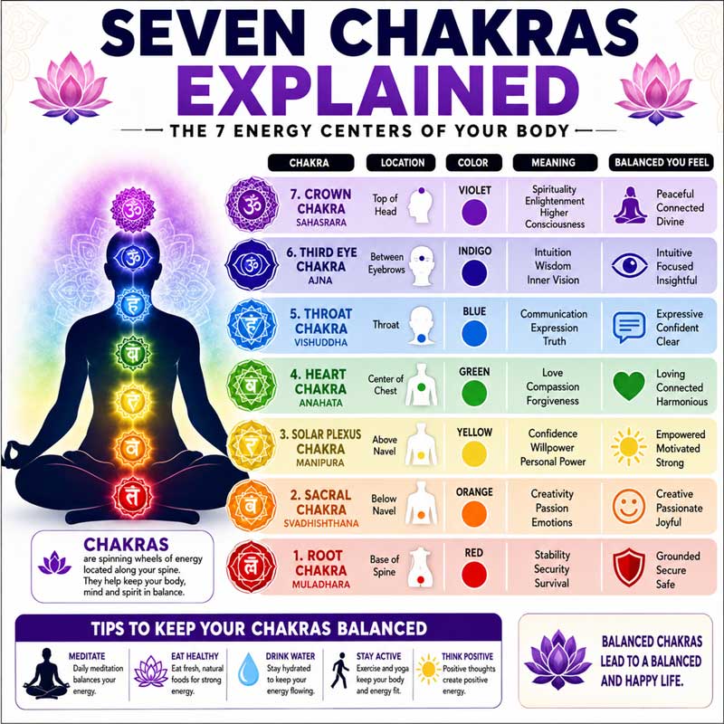 seven chakras explained infographic